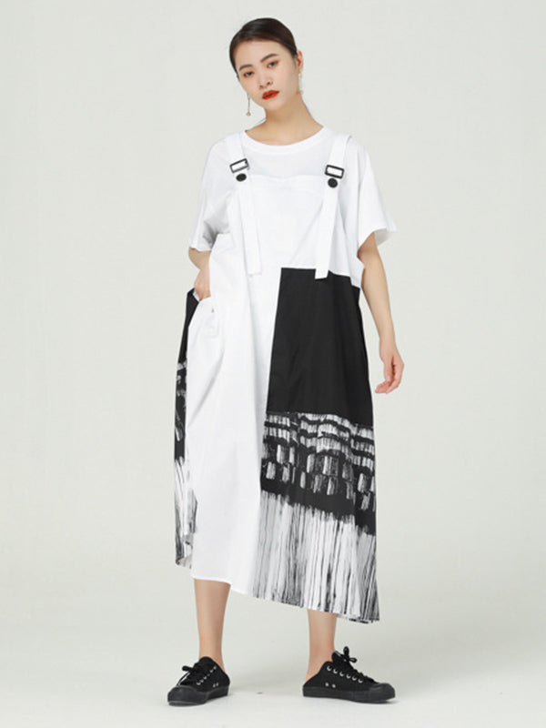 Stylish Irregular Graffiti Printed Split-Joint Strap Dress