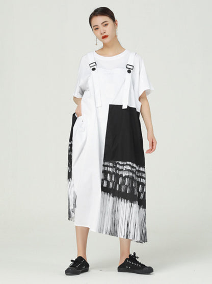 Stylish Irregular Graffiti Printed Split-Joint Strap Dress