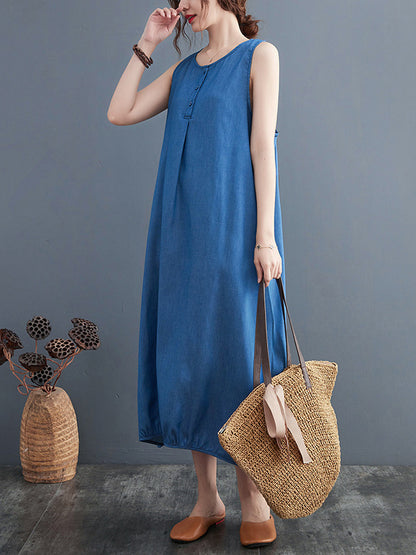 Simple Casual Denim Solid Color Midi Dress