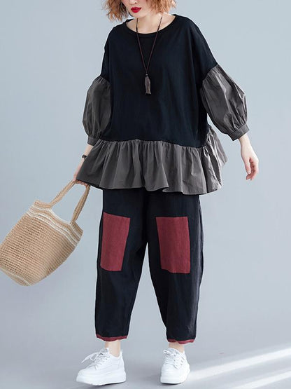 Loose Solid Falbala Split-joint Lantern Sleeve T-Shirt&Pants Suits