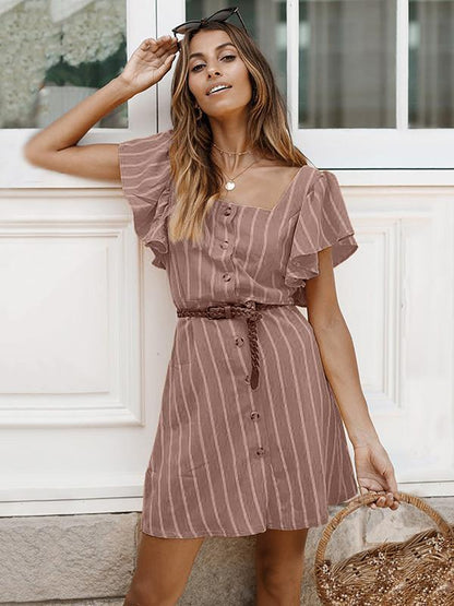 Square Collar Casual Stripped Mini Dress