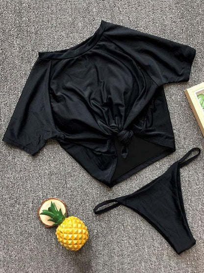 Two-pieces Solid Short Sleeves Bikinis Swimwear