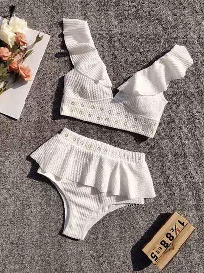 Textured Ruffled Top With High Cut Bikini Set