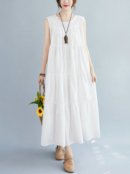Simple Casual Loose Artistic Retro Pleated Solid Color Midi Dress