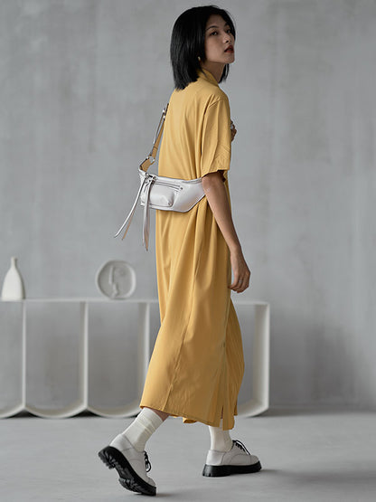 Stylish Split-Joint Pleated Belted Lapel A-Line Short Sleeves Midi Dress