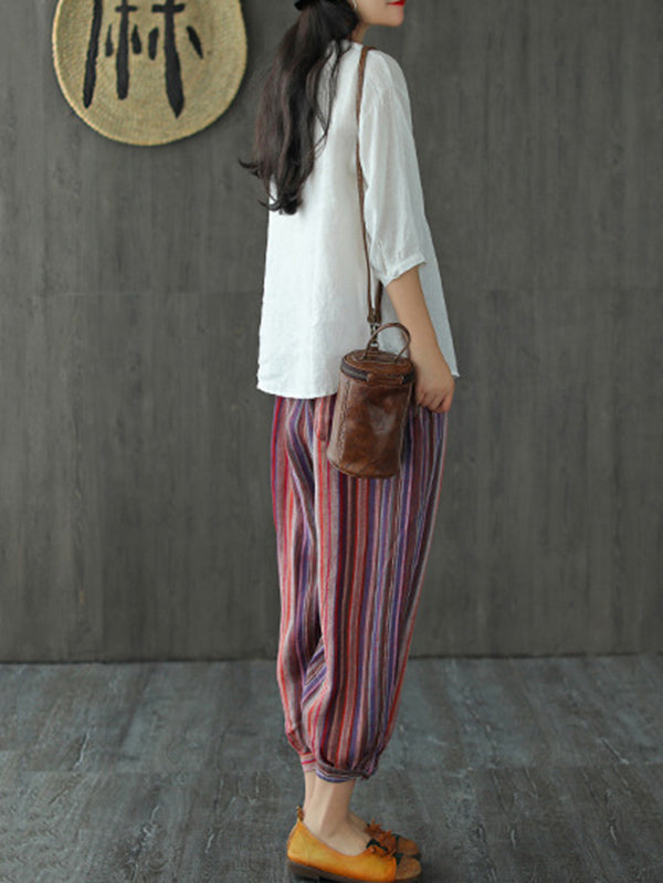 Original Linen Solid Color Pleats T-Shirts Tops