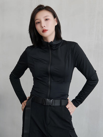 Sports Solid Color Zipper Stand Collar Long Sleeves Outwear
