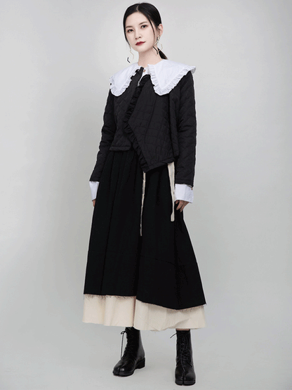 Original Black Asymmetric Rhombic Vintage Cotton-Padded Coat