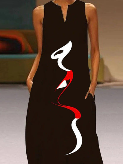 Urban Loose Face Printed Black Maxi Dress