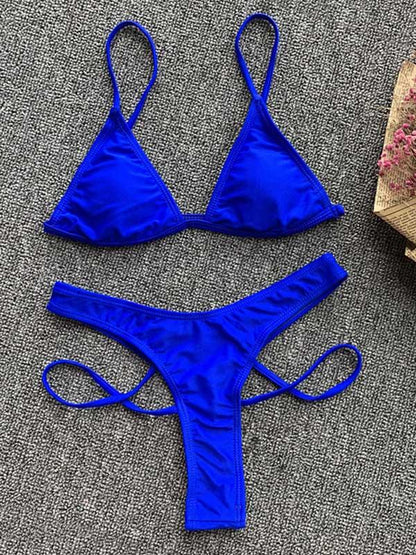 Solid Color Spaghetti-Neck Split Bikini Swimsuit