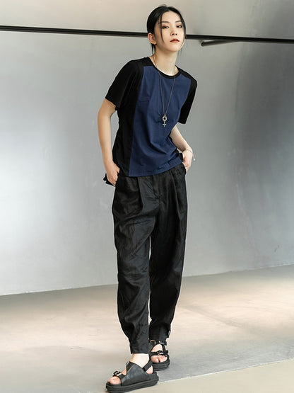 Stylish Split-Joint Black&Blue Back-Pleats Short Sleeves T-Shirt