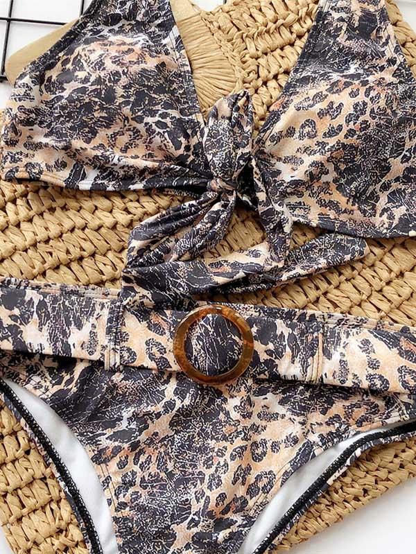 Leopard Gradient Belt Bikini Swimsuit
