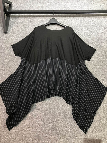 Stylish Cropped Split-Joint Striped Batwing Sleeves Split-Side T-Shirt