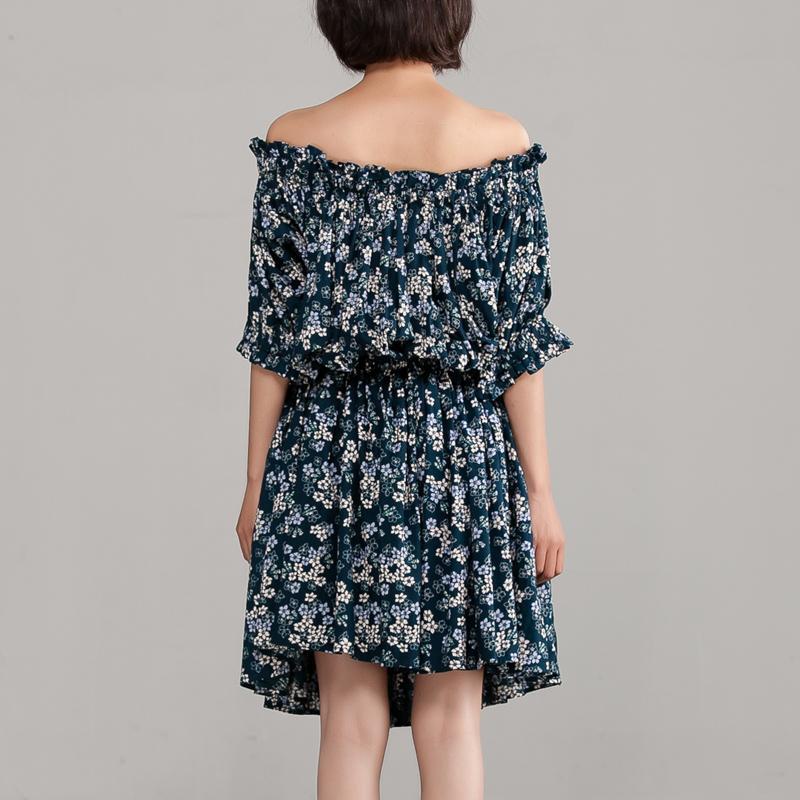 Cotton Off Shoulder Floral Navy Blue Dress