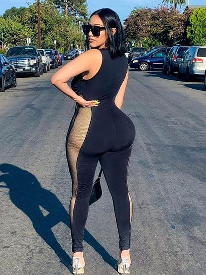Mesh Bust Drawstring Sleeveless Jumpsuits
