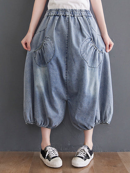 Loose Casual Elasticity High-Waist Wide Legs Jean Pants Knickerbockers