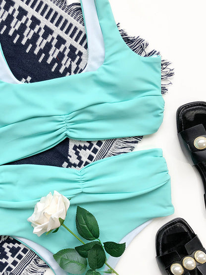 Solid Color Ruffled High-Waisted Bikini Swimwear