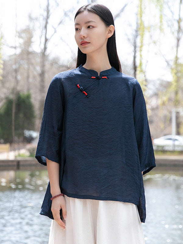 Vintage Tencel Buttoned Stand Collar High-Low Half Sleeves T-Shirt