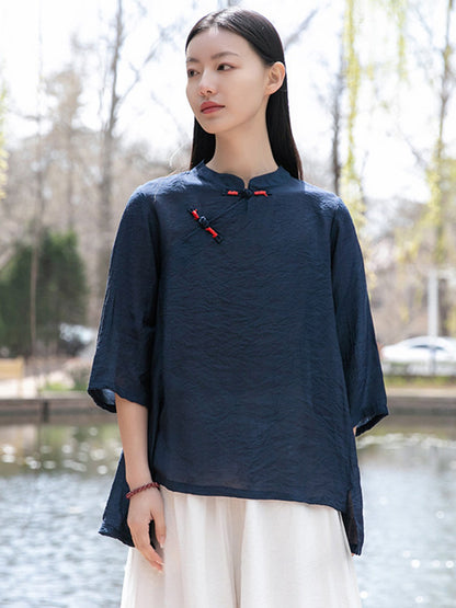 Vintage Tencel Buttoned Stand Collar High-Low Half Sleeves T-Shirt