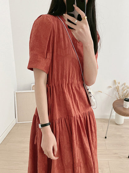 Urban Solid Color V-Neck Drawstring Short Sleeves Midi Dress