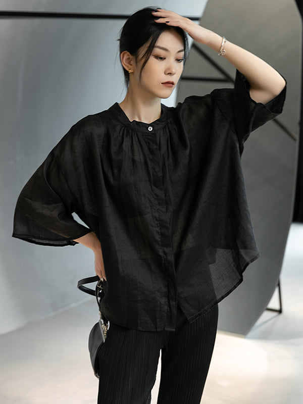 Linen Black&White Round-Neck Flared Sleeves T-Shirt