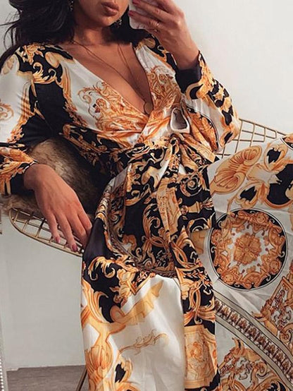 Long Sleeves V Neck Printed Maxi Dress