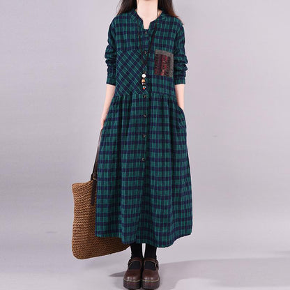 Buykud Long Sleeve Casual Plaid Patchwork Cotton Dress