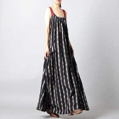 Buykud Retro Stripe Plaid Lacing Loose Black Slip Dress