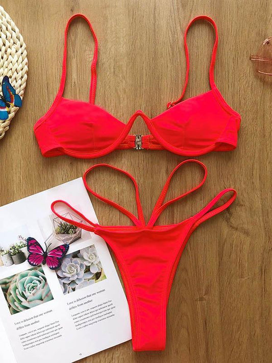 Solid Color Underwired Split Bikini Swimsuit