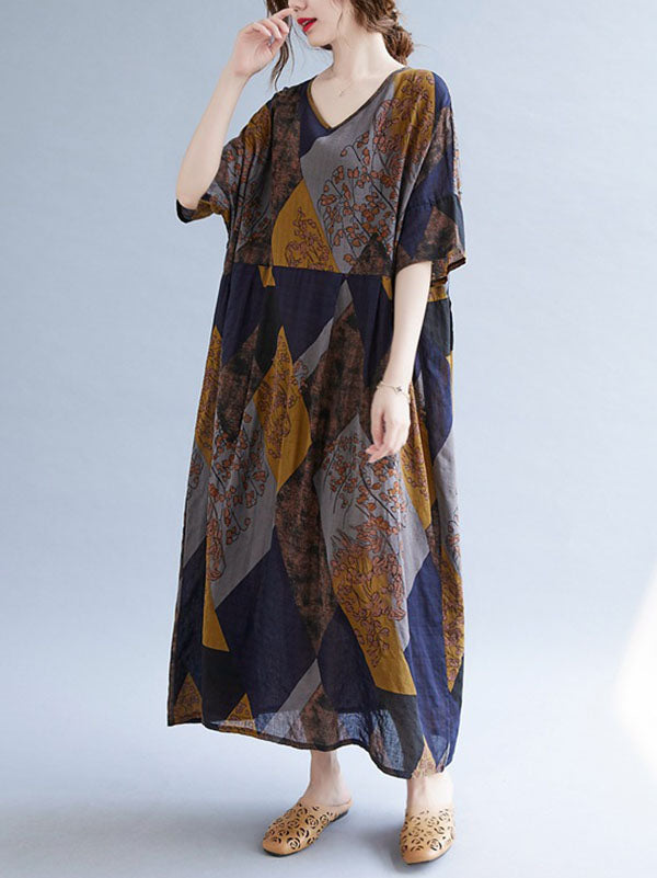 Vintage Printed V-Neck Half Sleeves Midi Dress