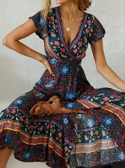 Bohemia V-neck Printed Beach Maxi Dresses