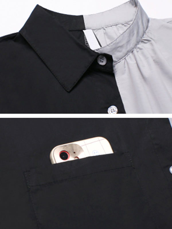 Irregular Casual Solid Color Pleated Buttoned Lapel Collar Long Sleeves Blouse