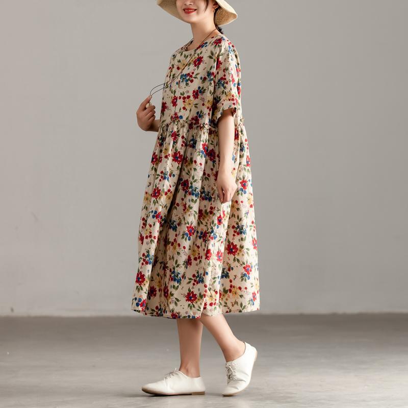 Casual Short Sleeve Pockets Floral Lacing Pleated Dress