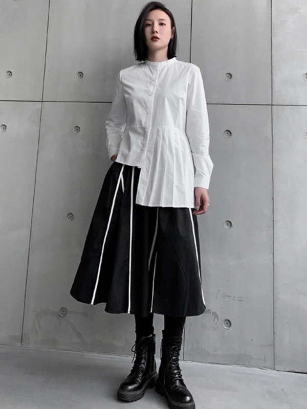 Stylish Irregular Solid Color Split-Joint Pleated Buttoned Stand Collar Long Sleeves Blouse