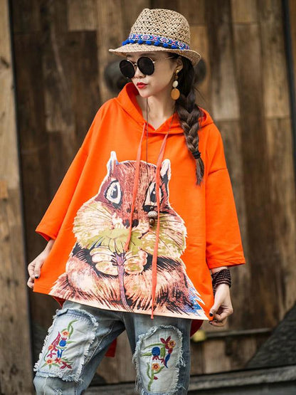 Loose Vintage Squirrel Print Hoodies