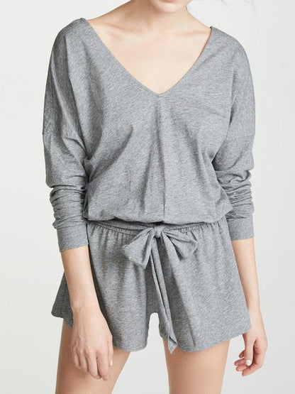 Casual V-neck Belted Rompers