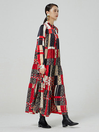 Original Bohemia Pleated Buttoned Stand Collar Long Sleeves Midi Dress
