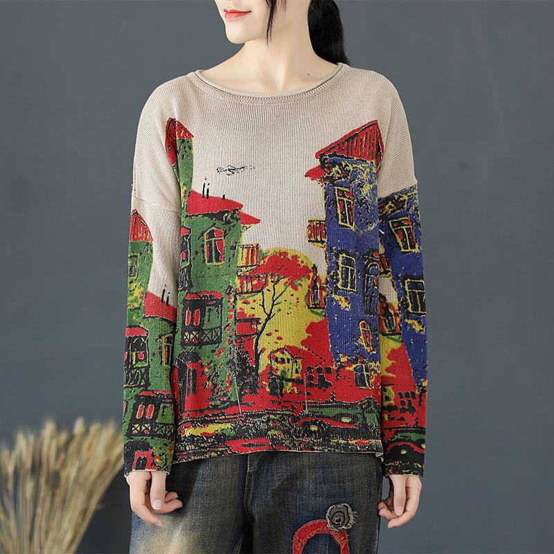Buykud Print Long Sleeve Comfortable Breathable Sweater