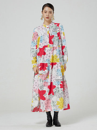 Original Buttoned Printed Stand Collar Long Sleeves Loose Midi Dress
