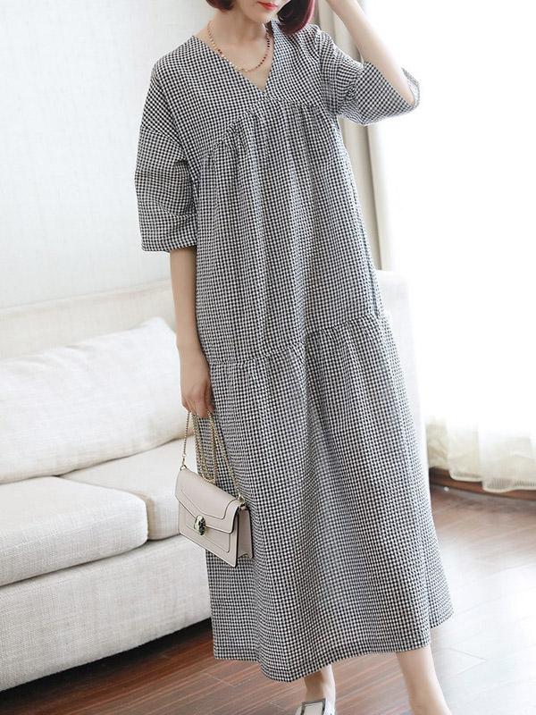 Original Black&White Plaid V-Neck Dress