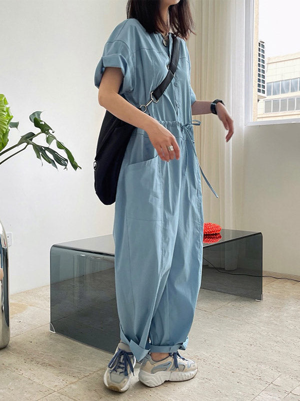 Urban Drawstring Elastic High Waisted Short Sleeves Wide Leg Jumpsuits