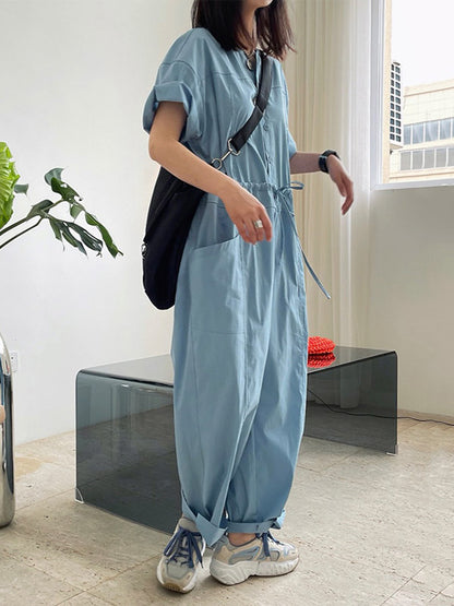 Urban Drawstring Elastic High Waisted Short Sleeves Wide Leg Jumpsuits