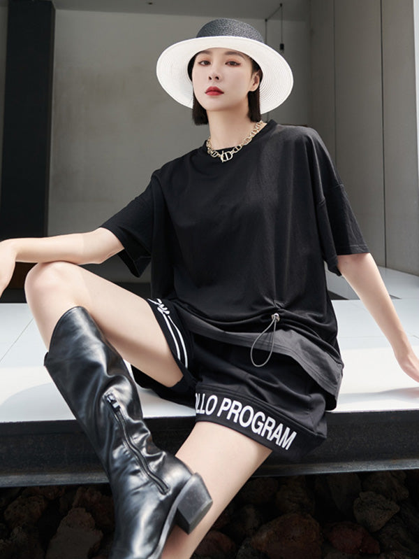 Stylish Black Asymmetric Drawstring Pleated Round-Neck Short Sleeves T-Shirts