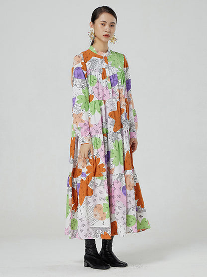 Original Buttoned Printed Stand Collar Long Sleeves Loose Midi Dress