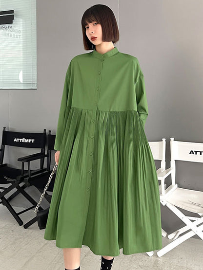 Simple Solid Color Pleated Stand Collar Midi Dress