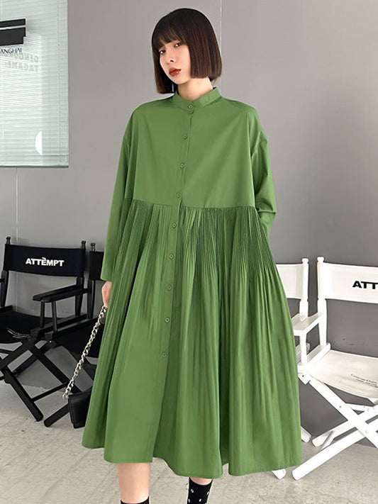 Simple Solid Color Pleated Stand Collar Midi Dress