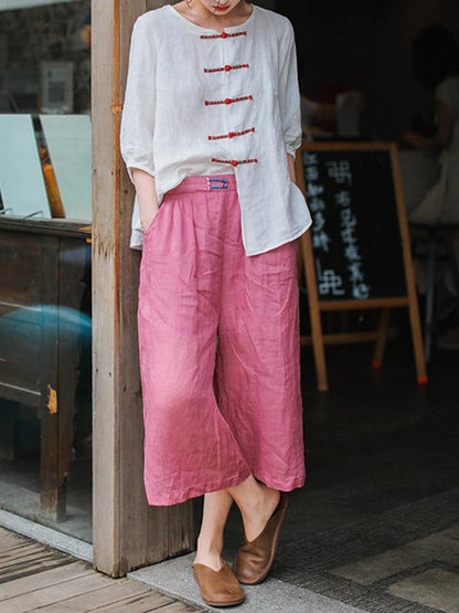 Casual Retro Linen Frog Blouses