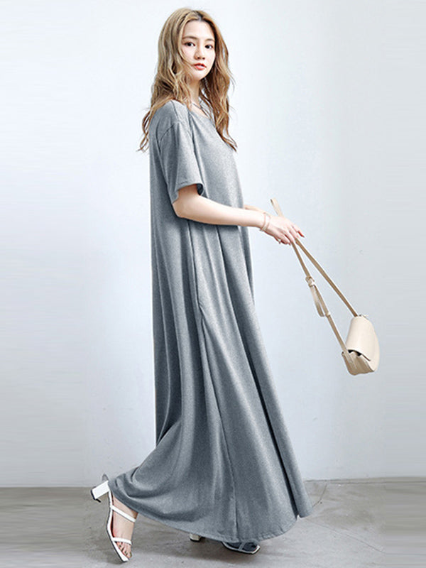 Simple Solid Color Oversized A-Line Round-Neck Short Sleeves Maxi Dress
