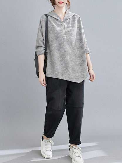 Urban Solid Color Knitting Batwing Sleeves Hoodies Top