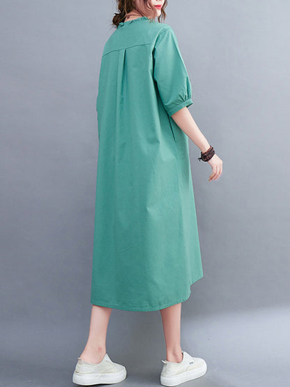 Simple Casual Artistic Retro Loose Solid Color Falbala Ramie Cotton Midi Dress